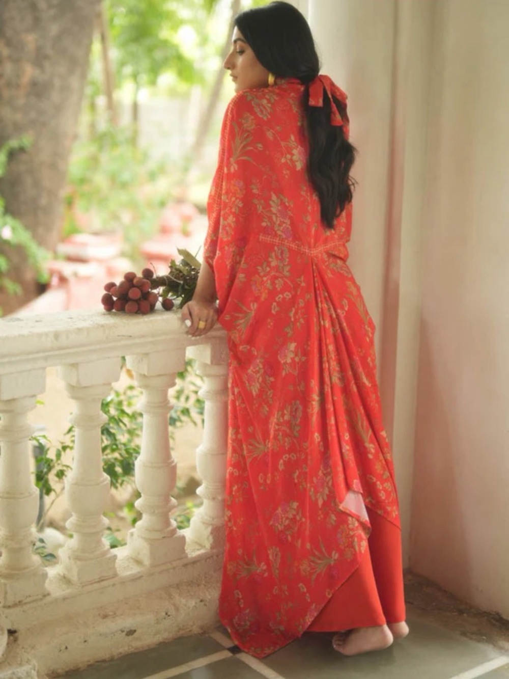 Floral Coral Red Tunic with Draped Back